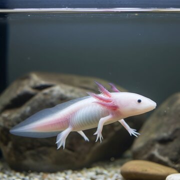 Albino ajolote swimming in an aquarium
