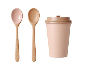 Two light beige wooden spoons and a beige disposable coffee cup