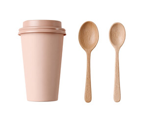 Light peach-colored disposable coffee cup and two wooden spoons