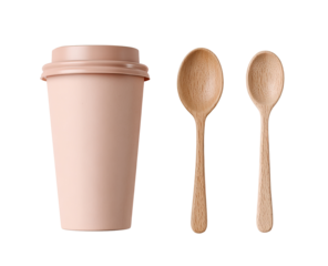 Light peach-colored disposable coffee cup and two wooden spoons