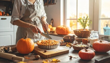 Rustic kitchen vibes – chopping pumpkins, baking pie, autumn cooking ingredients.