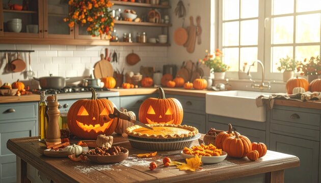 Rustic kitchen vibes – chopping pumpkins, baking pie, autumn cooking ingredients.