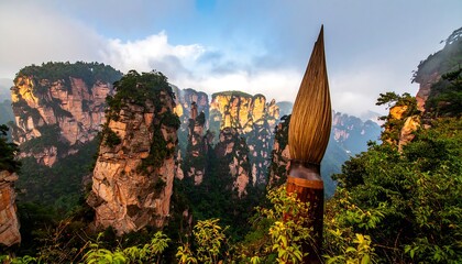 Lush, green, rocky mountain peaks rising under a vibrant sky, with a large wooden brush