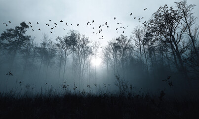A flock of birds flies through a misty forest with the sun breaking through the trees.