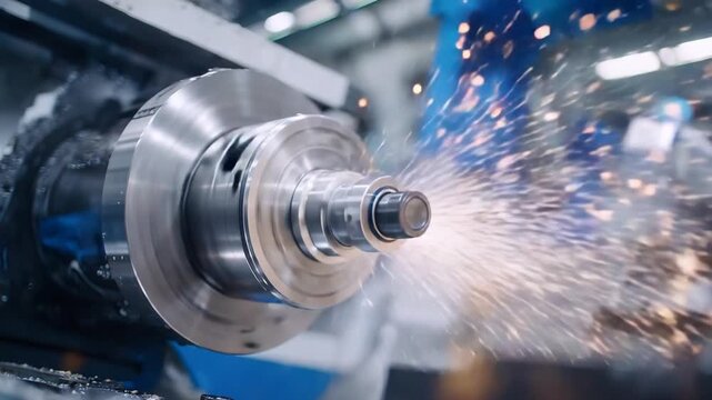 High-speed metal lathe spindle and workpiece in a precision machining environment, showcasing polished steel reflecting ambient lights.