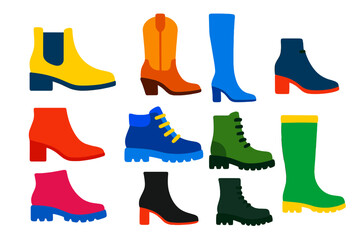 Fashion Boot Icons. Flat vector icons of fashion boot styles: Chelsea boot, cowboy boot, over-the-knee boot, ankle boot, hiking