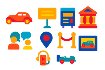 Car Museum Icons. Flat vector icons of car museum and heritage: vintage car silhouette, plaque stand, information board, museum