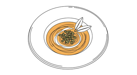 A simple line art drawing of a creamy pumpkin soup in a deep plate, decorated with pumpkin seeds and a sage leaf. Delicate strokes, hand-drawn style, suitable for a menu or food sticker