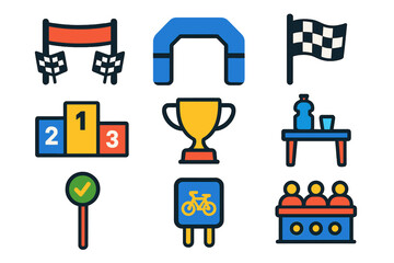 Cycling Event Icons. Flat vector icons of cycling events: finish line, start gate, race flag, podium, trophy, water station,