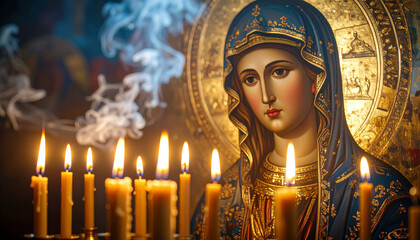 Orthodox Icon Candle Veneration . Religion concept. Generated Image