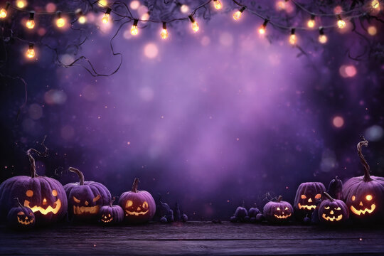 Glowing jack-o'-lanterns on a rustic wooden surface with a mystical purple background and twinkling string lights, perfect for Halloween. - Powered by Adobe