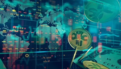Money exchange. Multiple exposure with dollar banknotes, coins, digital world map and graphs - Powered by Adobe