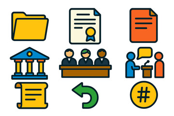 Appellate Court Icons. Flat vector icons of appellate court: appeals folder, writ of certiorari, appellate brief, court of appeals