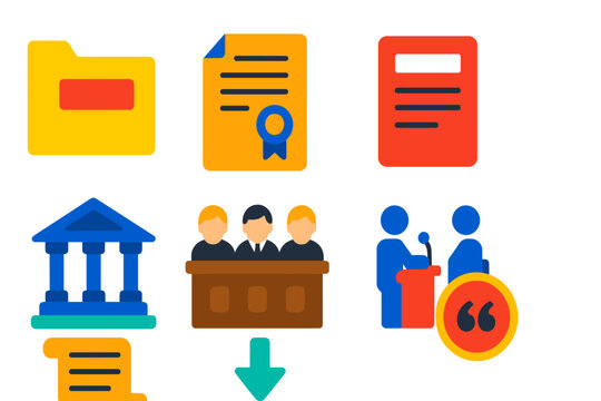 Appellate Court Icons. Flat vector icons of appellate court: appeals folder, writ of certiorari, appellate brief, court of appeals