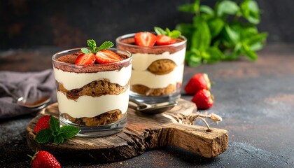 Two tiramisu glasses with strawberries