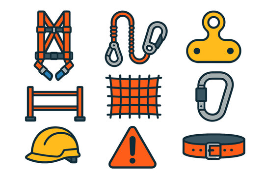 Fall Protection Icons. Flat vector icons of fall protection gear: safety harness, lanyard, anchor point, guardrail, safety net,