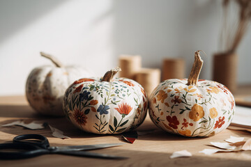Decorated pumpkins with floral decoupage on a wooden table. Scissors and craft materials are nearby, showcasing a DIY autumn craft scene.