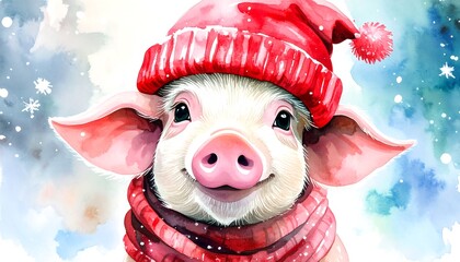 Adorable Piglet in Red Winter Hat and Scarf, Watercolor Painting