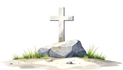Stone Cross on Rocky Hillside, Watercolor Illustration
