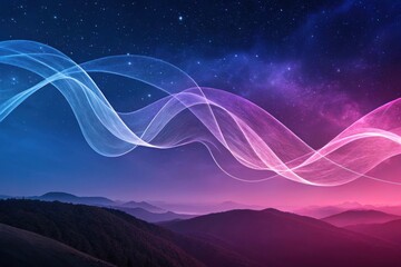 Abstract digital wave over mountain range with starry sky in the background