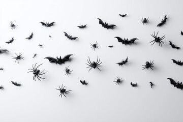 Halloween decorations: bats and spiders on a white background.
