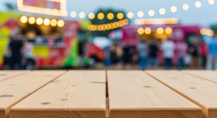 Rustic Wooden Tabletop with a Vibrant, Blurred Food Truck Festival and Bokeh Lights.
