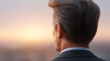 Rear view of mature man with gray hair in suit looking at blurred sunset horizon. Business and personal reflection concept in minimal modern portrait.