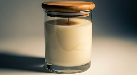 Serene Unlit Candle in a Glass Jar with a Wooden Lid, Bathed in Dramatic Side Lighting.