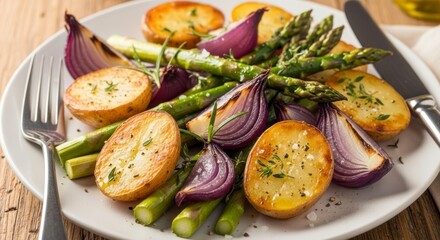 Golden Roasted Potatoes, Vibrant Asparagus, and Red Onions on a Rustic Plate.