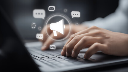 Typing with megaphone and chat icons symbolizing digital marketing outreach and customer engagement through social media messaging campaigns and brand communication.

