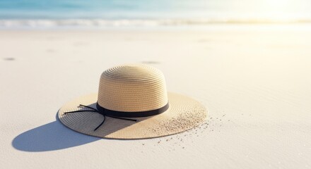 Solitary Straw Hat Casting a Long Shadow on a Sun-Drenched White Sand Beach.