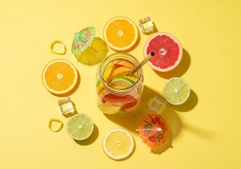 Sun-Drenched Citrus Circle - A Vibrant Flat Lay of Infused Water and Fresh Fruit.