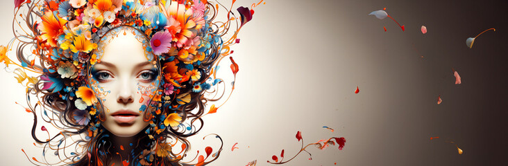 Banner of a beautiful young woman with hairstyle decorated with bright autumn orange-red-blue flowers and petals. The model looks straight at the camera against a grey background with copy space