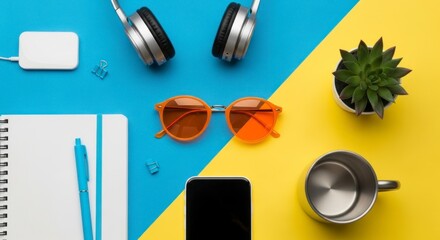 Vibrant Diagonal Flat Lay of Modern Workspace and Lifestyle Essentials on Blue and Yellow.