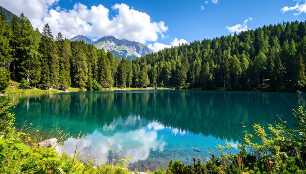 Tranquil turquoise lake bordered by lush green forest with mountainous backdrop
