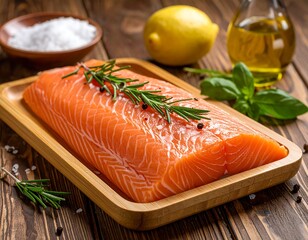 Fresh salmon fillet with herbs and spices on a wooden board