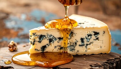 Blue cheese triangle topped with honey on rustic wood surface, with light and shadow