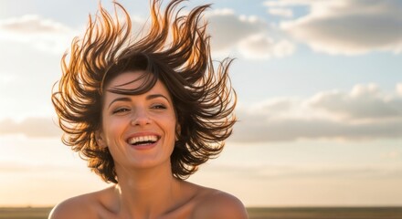 Radiant Laughter and Wind-Tossed Hair in the Golden Sunset Glow