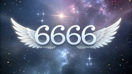 A white angel number "6666" floats in the center of the image with angel wings. Behind it is a universe with sparkling lights and beautiful galaxies,