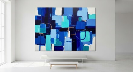 Serene Blue Geometric Abstract Painting Dominating a Sunlit, Minimalist White Interior.