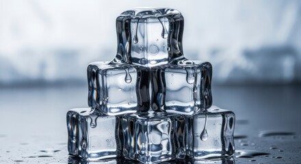 Crystalline Tower of Melting Ice Cubes with Reflective Droplets