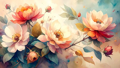 Watercolor flowers in shades of peach, orange, and cream with green foliage