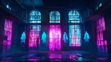 Fototapeta premium Mysterious ghosts hover in an abandoned industrial building illuminated by colorful lights