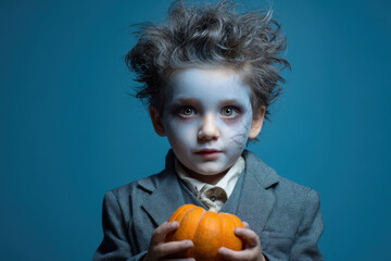 A young boy with spooky Halloween makeup and messy hair holds a small pumpkin against a blue background.