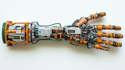 Robotic hand showcasing intricate design and advanced technology in a modern display