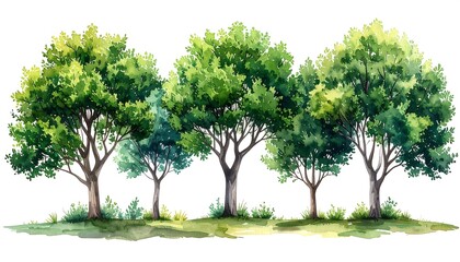 Watercolor painting of several trees in a row on a grassy hill, isolated on white