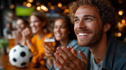 A group of diverse friends applauding and drinking beer at a pub, celebrating a team goal with excitement, diverse pub fans cheering, sports victory celebration, beer toast goal, j