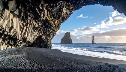 Dark beach cave opening to ocean