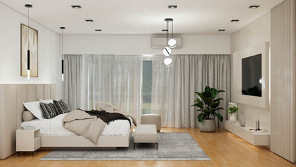 Interior design project in bedroom and private living room, with modern, minimalist and contemporary style