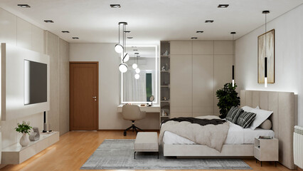 Interior design project in bedroom and private living room, with modern, minimalist and contemporary style